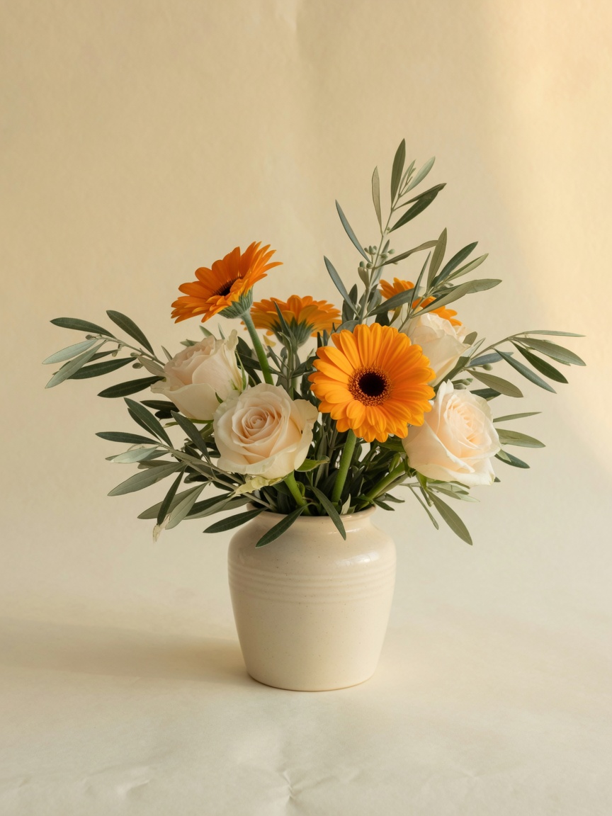 Gerberas laranja e rosas creme em vaso baixo de cerâmica.