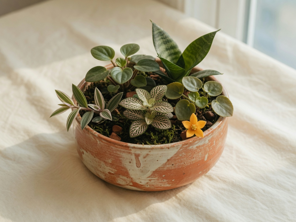 Várias plantas baixas no mesmo vaso, altura de mesa.
