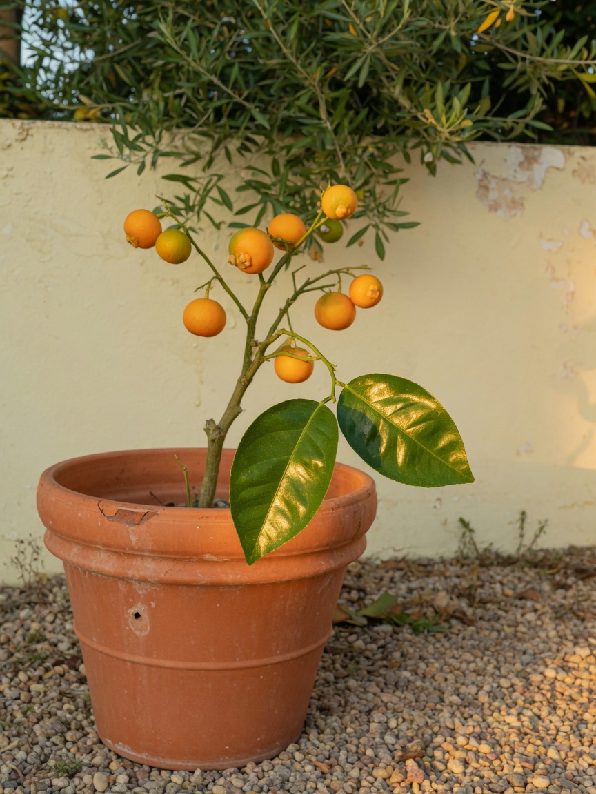 Cítrico em vaso no quintal.
