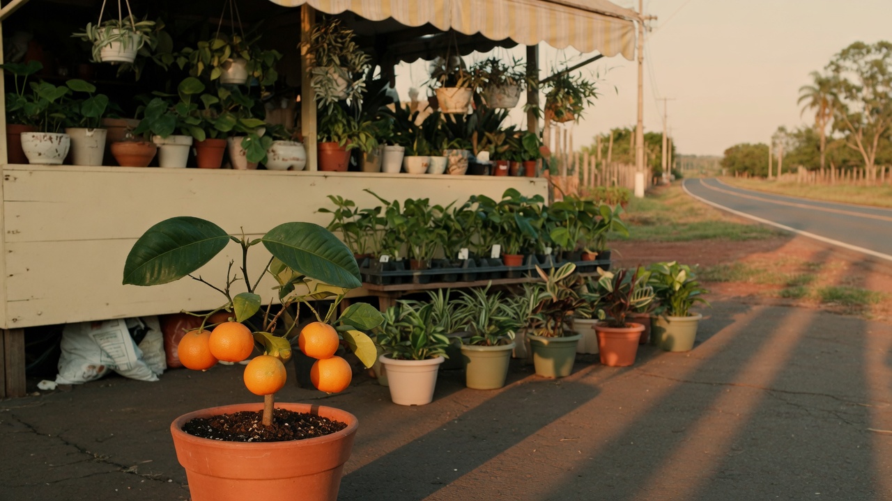 Barraca de plantas à beira da estrada, com bergamota em vaso na frente.