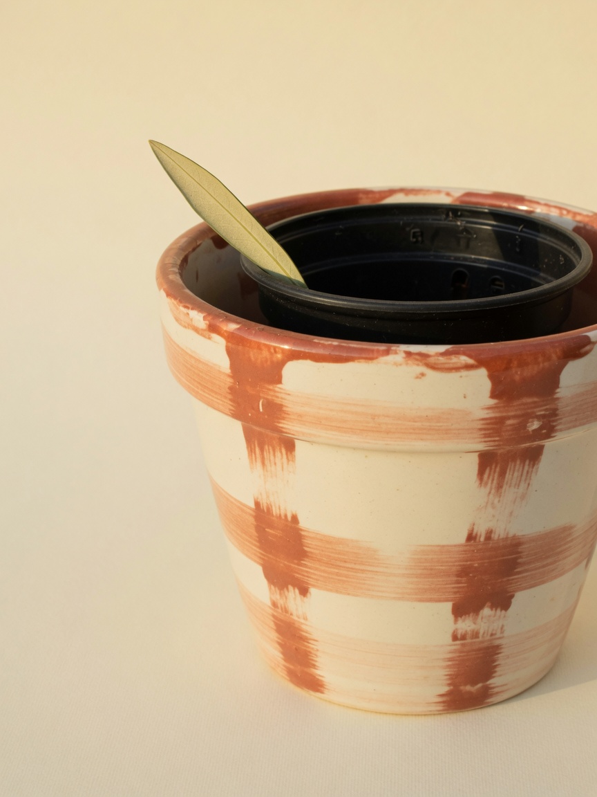 Cachepô de cerâmica listrada com vaso técnico preto dentro e uma folha.