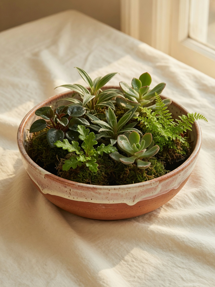 Tigela baixa de cerâmica com várias plantas pequenas e musgo.